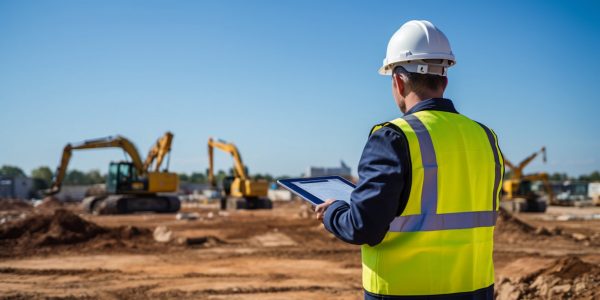 Man looking at tablet at construction site with excavator
