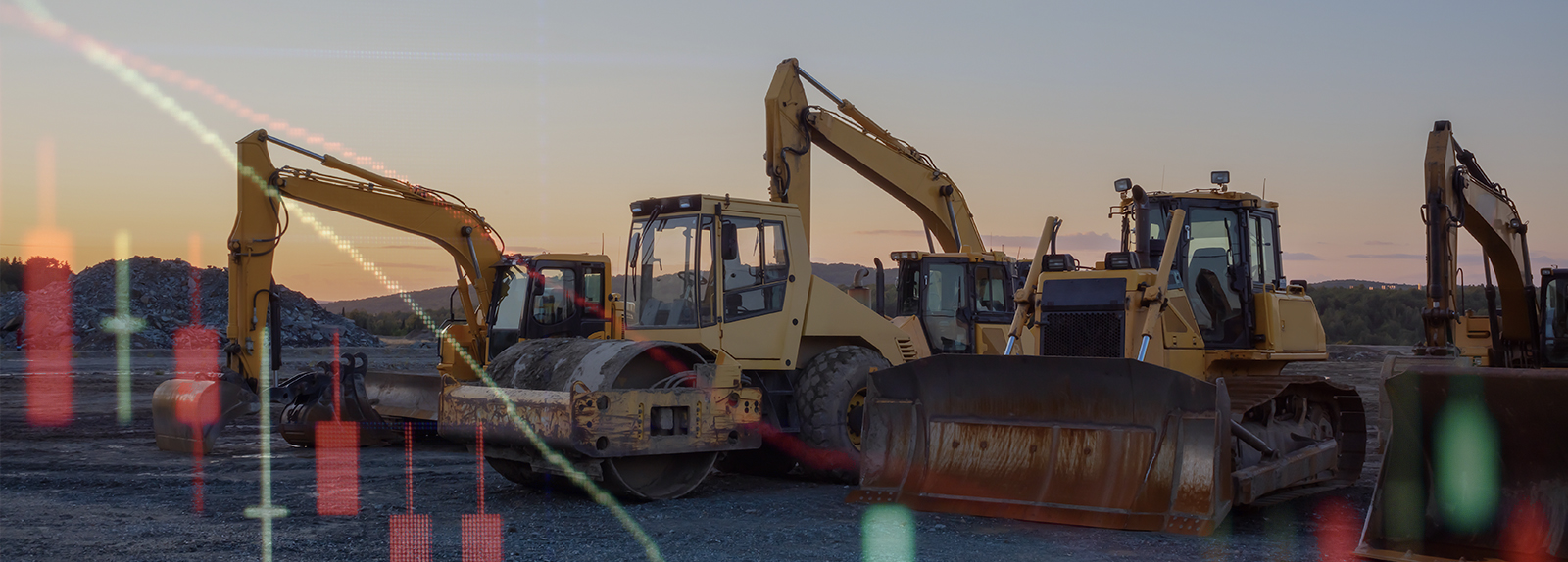 heavy construction equipment in a line with market