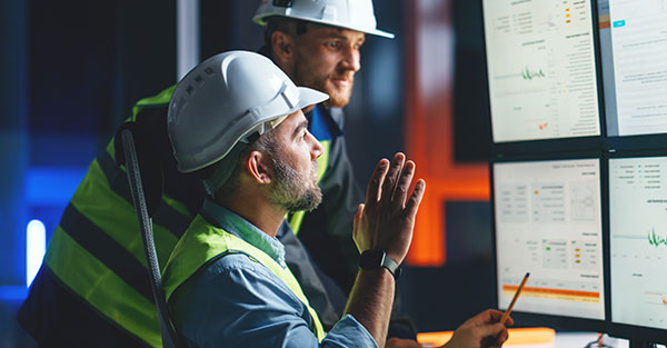 two construction workers looking at screens with information on project management